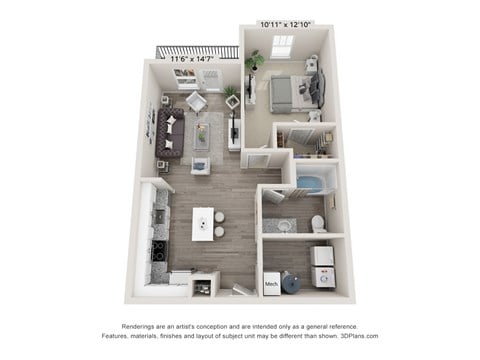 Floor plan for 1 bed, 1 bath, 756 sqft